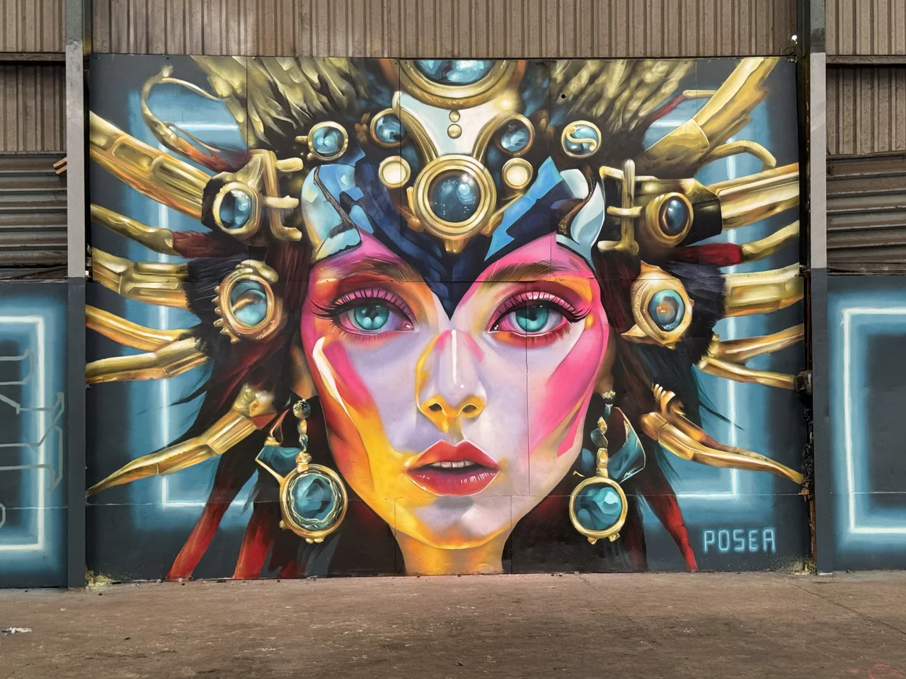 A painted portrait with an elaborate gold and blue headdress on a workshop panel.
