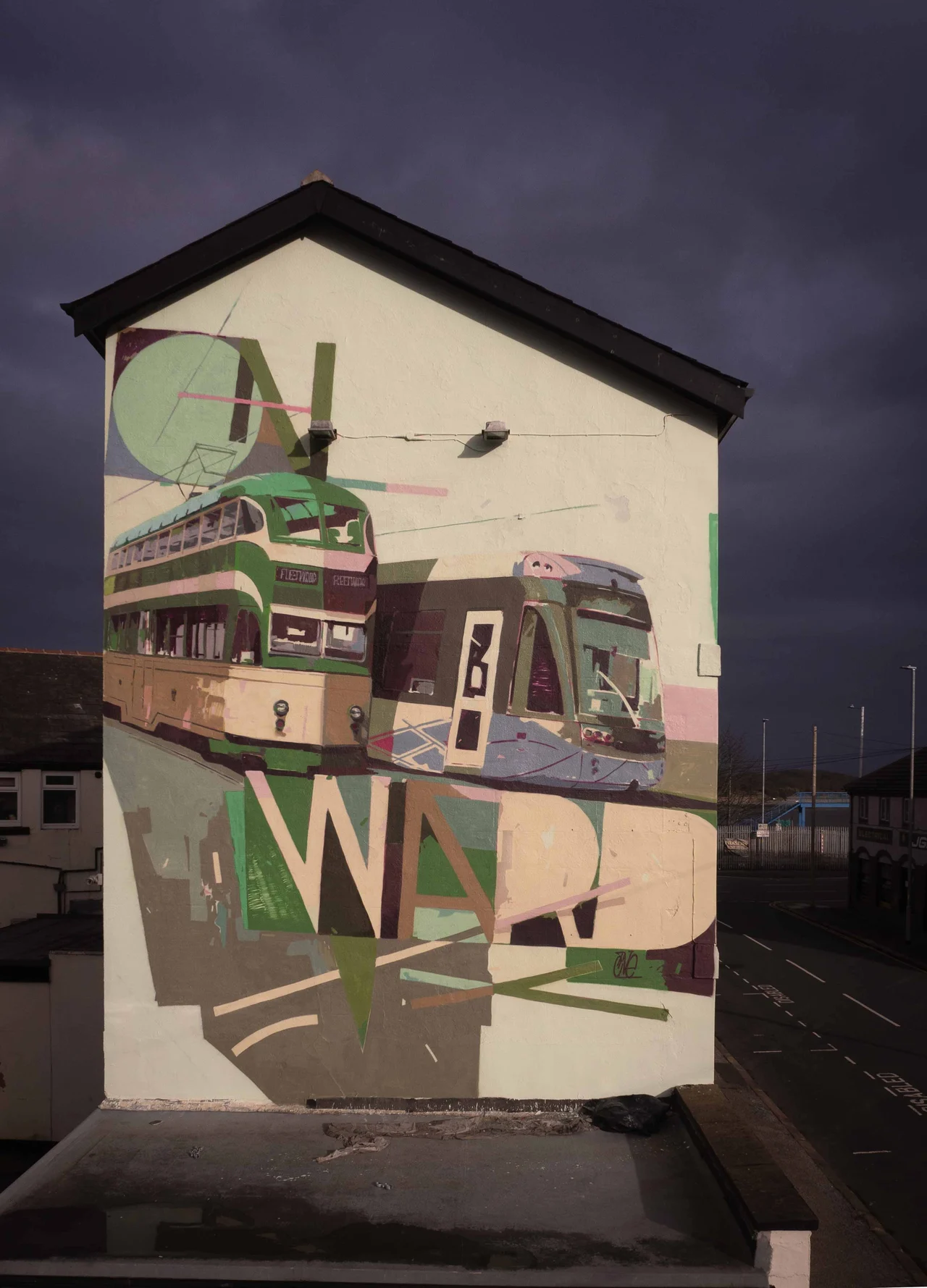 TeaOne portfolio mural on a gable wall, combining trams, geometric shapes and lettering in muted green and pink.