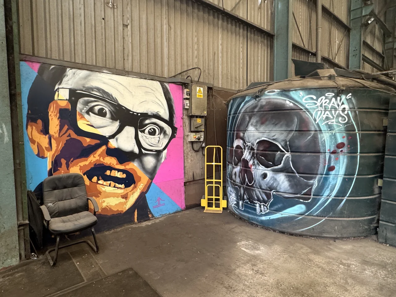 Two workshop panels showing a painted face with glasses and a blue-lit skull.
