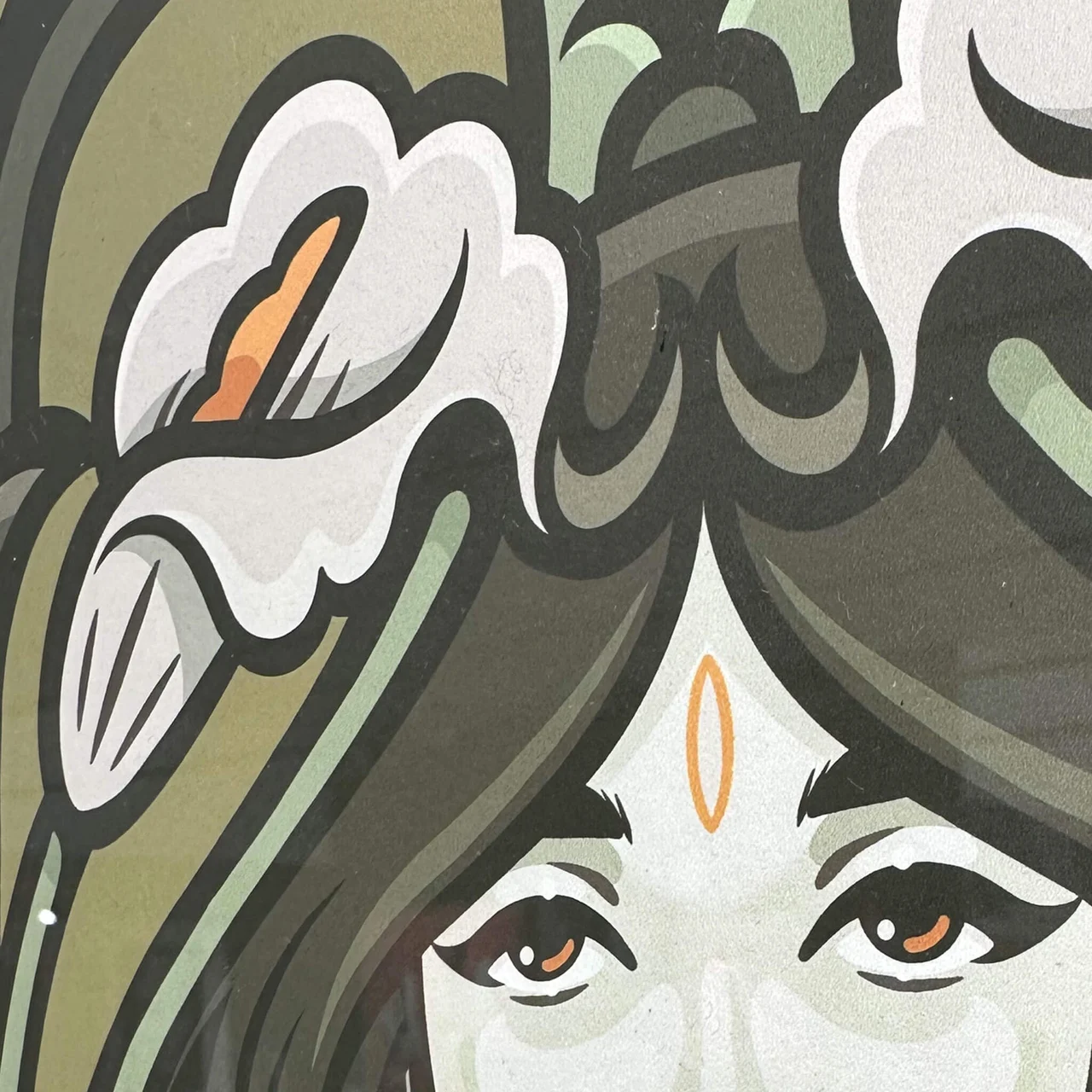 Philth’s Lily In Green artwork detail: a stylised face surrounded by white lilies and green foliage.